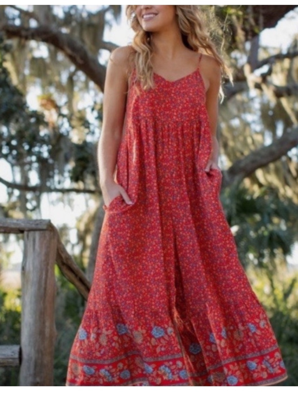 Natural Life Zoe Wide Leg Jumpsuit Red Floral Boho Medium
